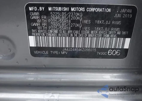 2019 Mitsubishi Outlander Phev Sel z USA, uszkodzony, nr VIN JA4J24A54KZ056015